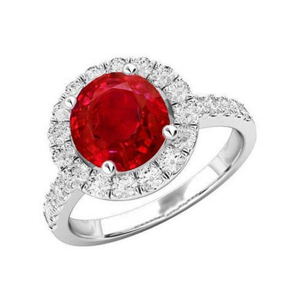 62805 Round Cut Ruby & Diamonds 4.50 CT Wedding Ring, 14K White Gold - Size 6.5