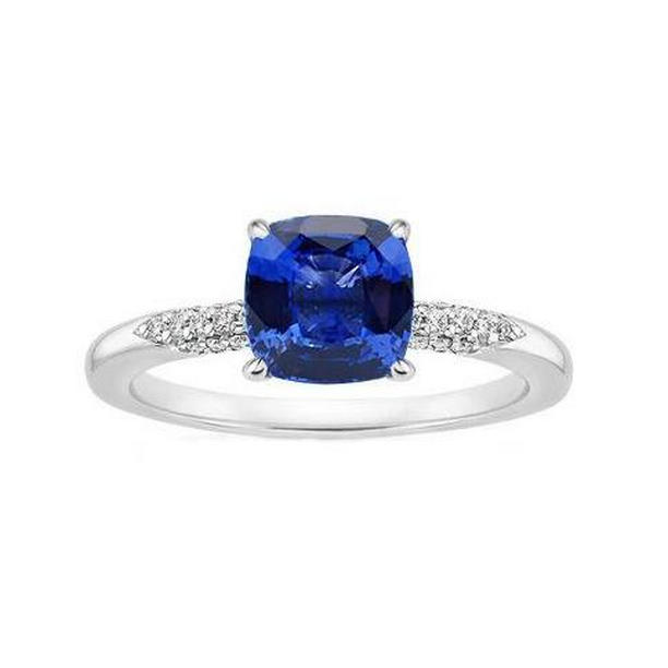 63600 2 CT Blue Cushion Cut Sapphire & Diamond Gold 14K Wedding Ring, Size 6.5