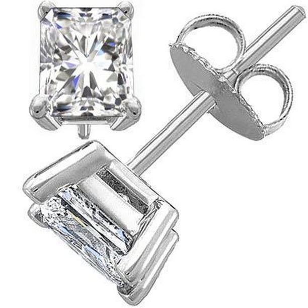 63624 2 CT Solitaire Radiant Cut Diamond Stud Earring, 14K White Gold