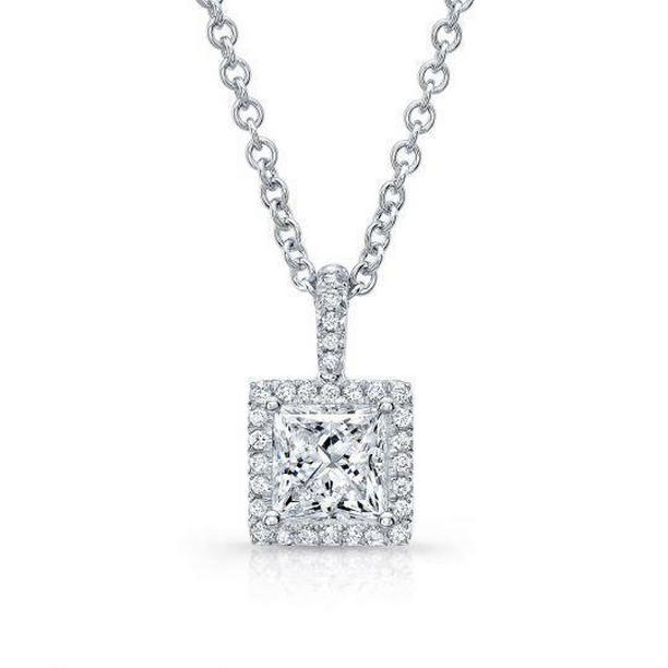 64226 Princess & Round Cut 1.74 CT Diamonds Pendant Necklace, White Gold