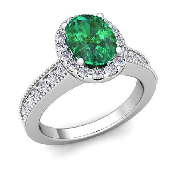 64237 Oval Cut Emerald with Round Diamonds 4.75 CT Ring, 14K White Gold - Size 6.5
