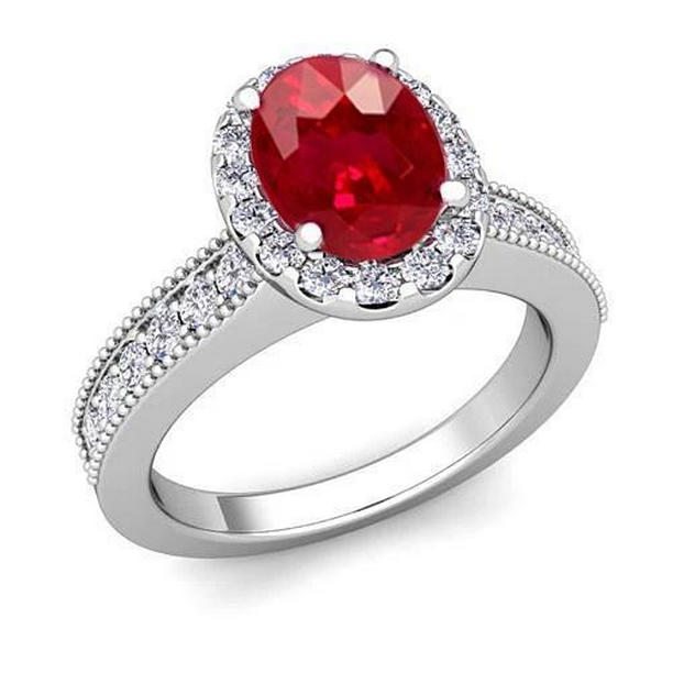 64238 4.60 CT Red Ruby with Diamonds Ring, 14K White Gold - Size 6.5