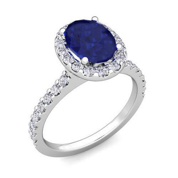 64251 Solitaire with Accent 3.50 CT Sapphire with Diamonds Ring, White Gold - Size 6.5