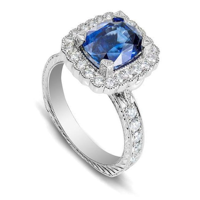 64254 White Gold 4 CT Prong Set Sapphire & Diamonds Wedding Ring, Size 6.5