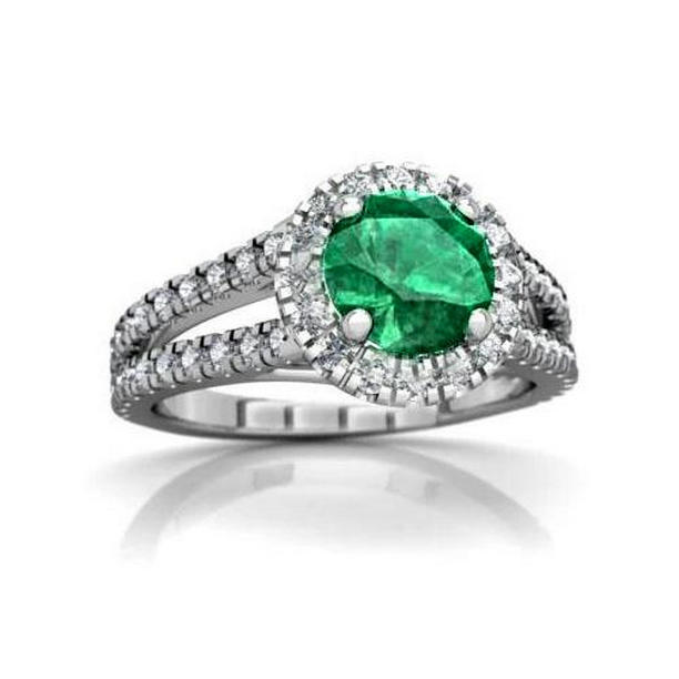 64255 Round Cut 3.80 CT Emerald & Diamonds Wedding Ring, 14K White Gold - Size 6.5