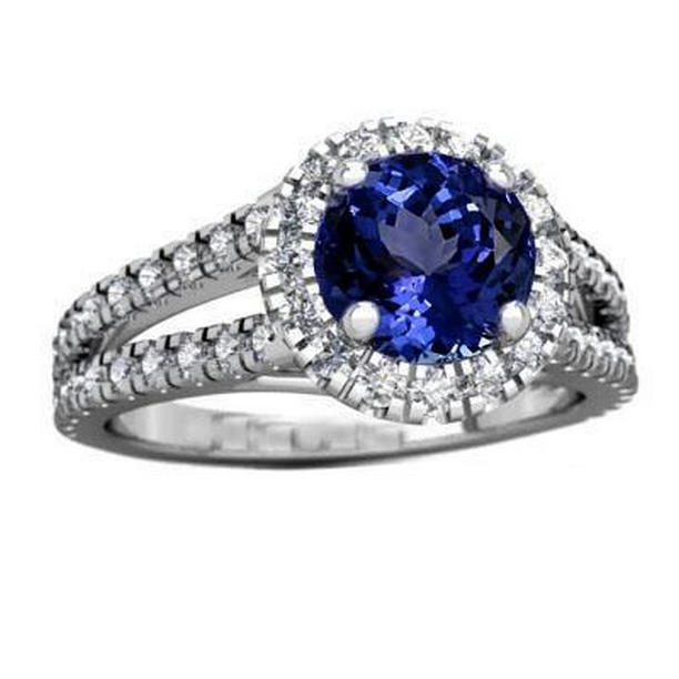 3.35 CT Split Shank Tanzanite with Diamonds Ring, 14K White Gold - Size 6.5