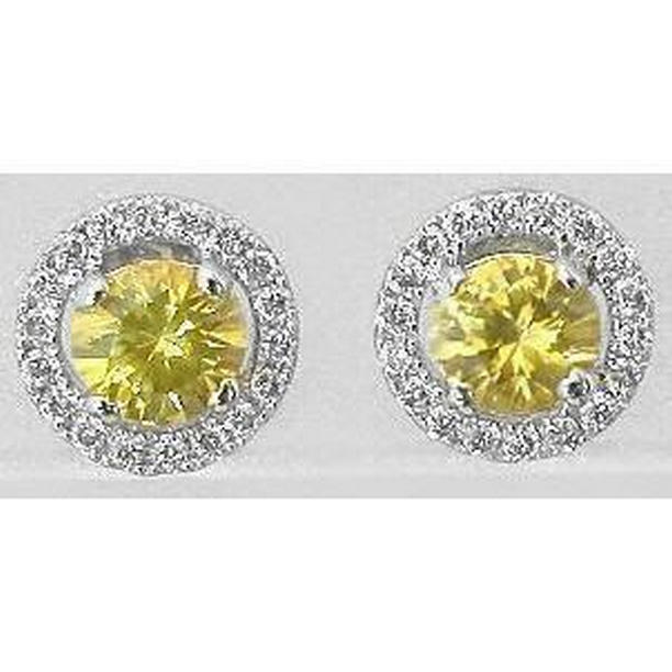 3 CT Yellow Sapphires Stud Earrings, 14K White Gold