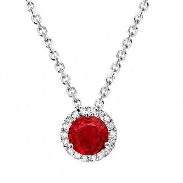 64903 2.20 CT Round Cut Red Ruby & Diamond Womens Pendant, 14K White Gold