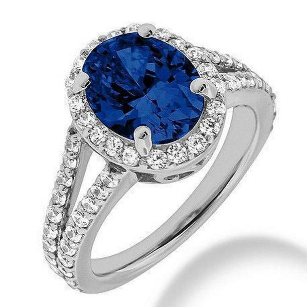 64923 2.40 CT Blue Oval Cut Sapphire 14K White Gold Diamond Ring, Size 6.5