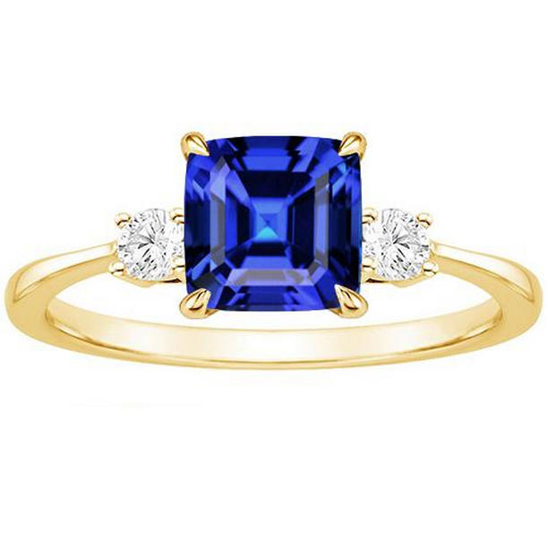 Picture of Harry Chad Enterprises 65703 2.75 CT Yellow Gold Round Diamond & Cushion Blue Sapphire Ring&#44; Size 6.5