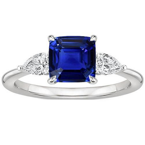 Picture of Harry Chad Enterprises 65706 2.75 CT Womens 3 Stone Pear Diamond & Cushion Ceylon Sapphire Ring&#44; Size 6.5