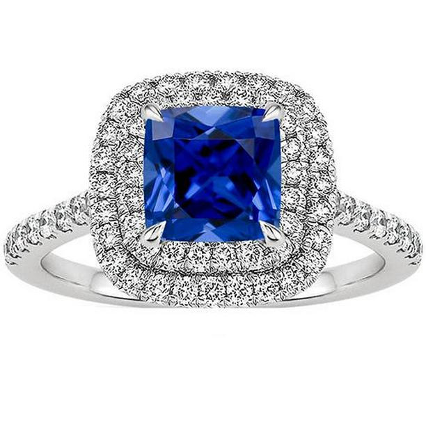 Picture of Harry Chad Enterprises 65710 3.25 CT Double Halo Cushion Ceylon Sapphire Accents Diamond Ring&#44; Size 6.5