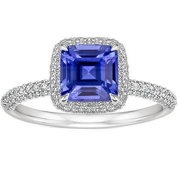 65711 3.45 CT Womens Diamond Asscher Cut Blue Sapphire Pave Ring, 14K Gold - Size 6.5