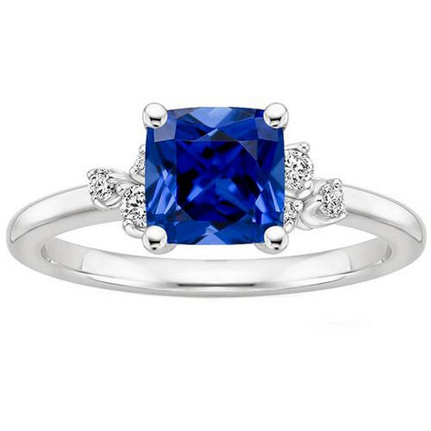2.50 CT Cushion Blue Sapphire & Diamond Engagement Ring, White Gold - Size 6.5