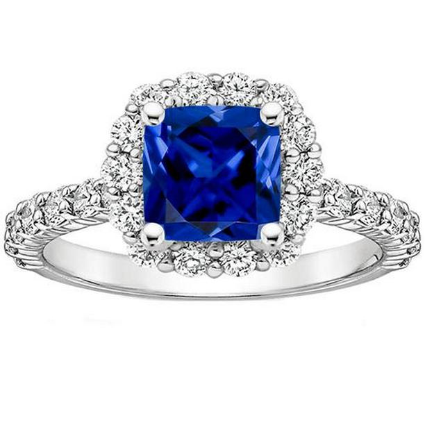 65720 Diamond Halo Gemstone 3.25 CT Ceylon Sapphire Engagement Ring, Size 6.5