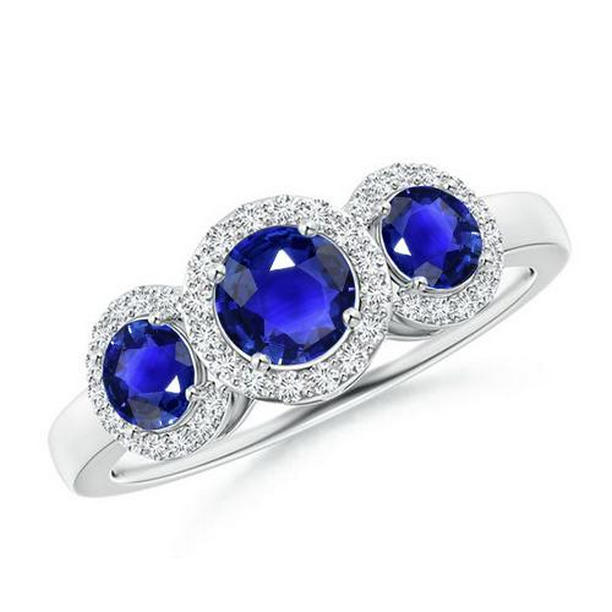 Picture of Harry Chad Enterprises 65742 4.50 CT Halo Diamond 3 Stone Style Ceylon Sapphire Ring&#44; White Gold - Size 6.5