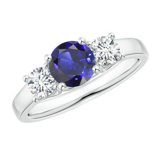 65752 1.75 CT Round Three Stone Blue Sapphire & Diamond Gemstone Ring, Size 6.5
