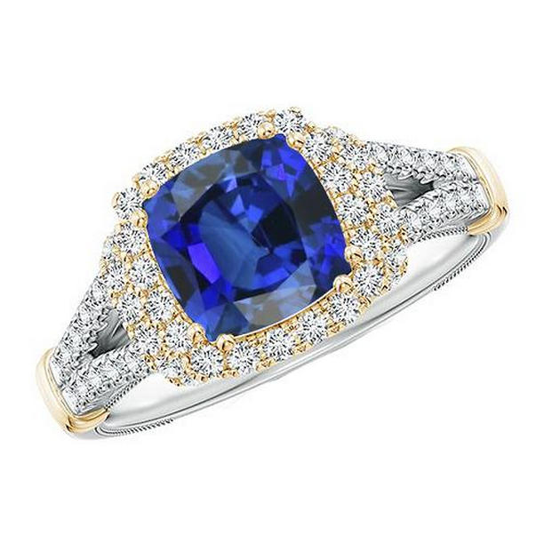 Picture of Harry Chad Enterprises 65754 3.25 CT Womens Two Tone Cushion Blue Sapphire Gold 14K Diamond Ring&#44; Size 6.5