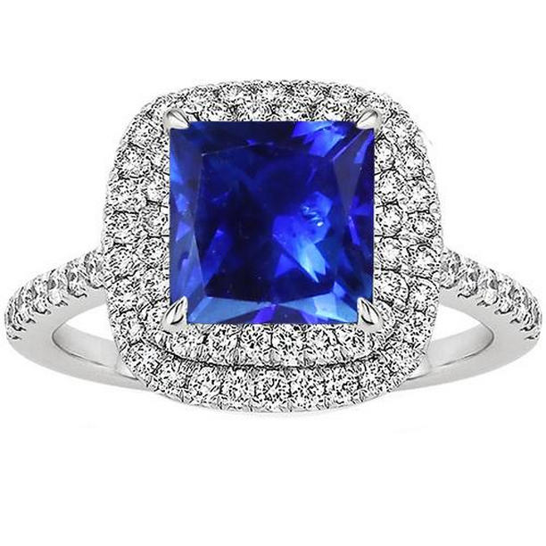 Picture of Harry Chad Enterprises 65756 4.50 CT Square Cut Double Halo Sri Lankan Sapphire Ring&#44; White Gold - Size 6.5