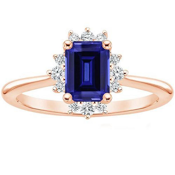 66219 Flower Style Ceylon Sapphire & Diamond 4 CT Emerald Cut Ring, Size 6.5