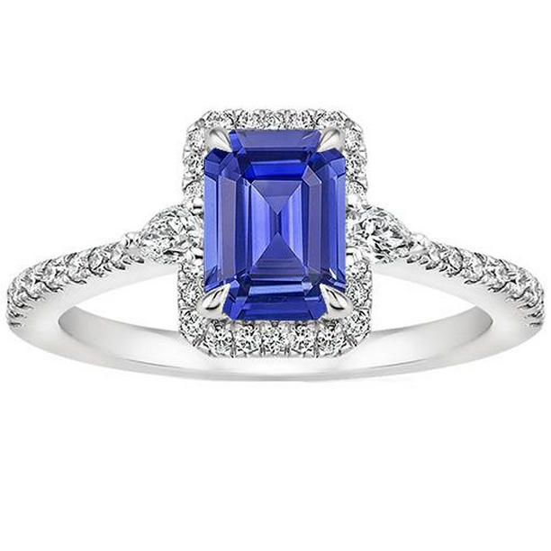 66220 4.25 CT 14K White Gold Emerald Blue Sapphire & Diamond Halo Ring, Size 6.5