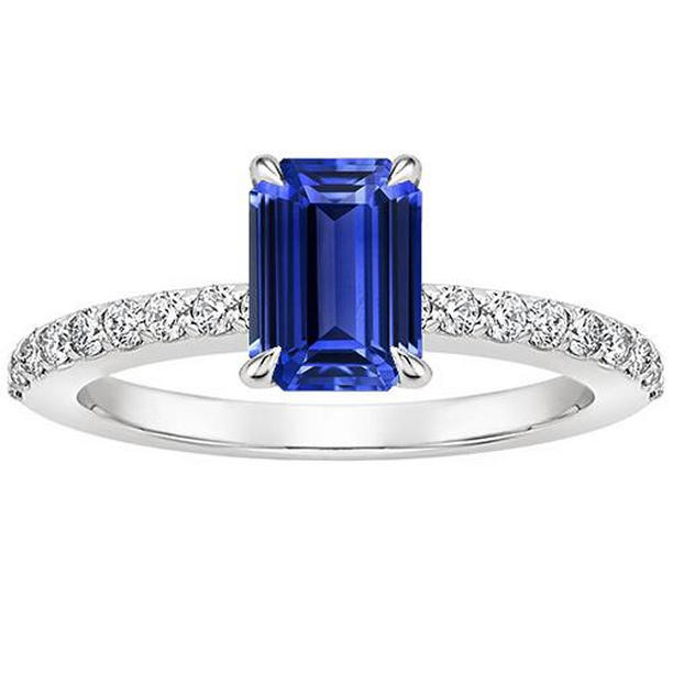 66222 4 CT White Gold Pave Setting Emerald Blue Sapphire & Diamond Ring, Size 6.5