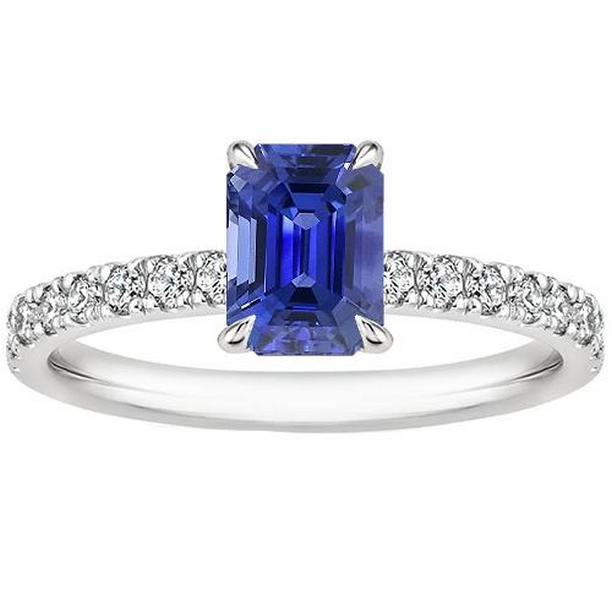 66231 4 CT Solitaire Ring with Accents Radiant Blue Sapphire & Diamond, Size 6.5