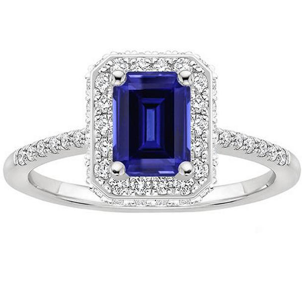 66233 4.25 CT White Gold Emerald Ceylon Sapphire & Diamond Halo Ring, Size 6.5