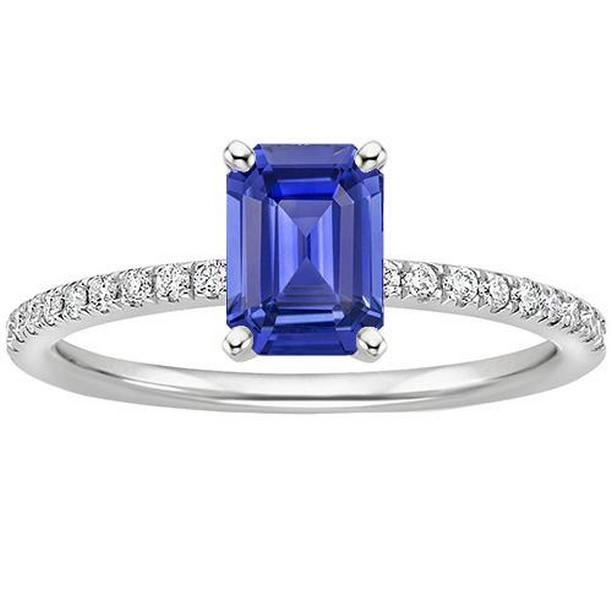 66234 4 CT Solitaire Ring with Accents Emerald Blue Sapphire & Diamonds, Size 6.5