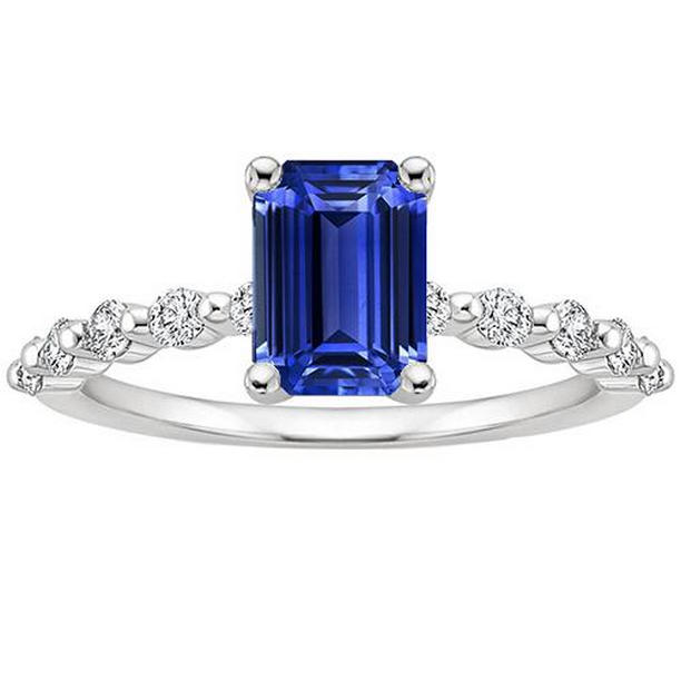 66236 4 CT Solitaire Ring with Side Stones Blue Sapphire & Diamond, Size 6.5