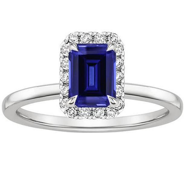 66240 Sri Lankan Sapphire & Diamond 4 CT Emerald Cut Halo Ring, Size 6.5