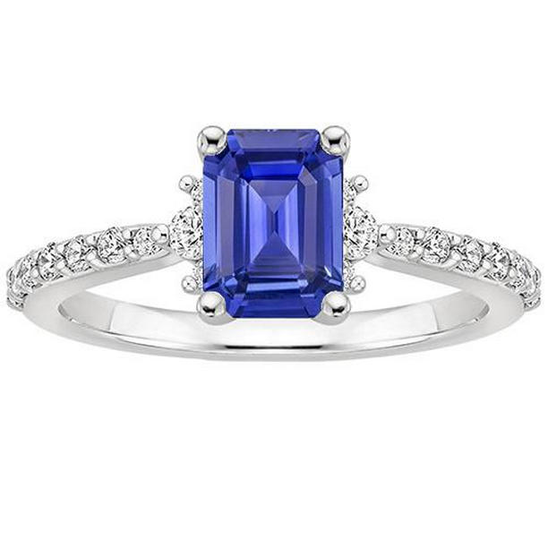 66241 Solitaire Accents Blue Sapphire & Diamond 4 CT Emerald Cut Ring, Size 6.5