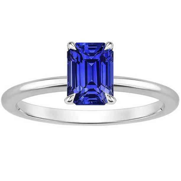 66249 3 CT 14K White Gold Emerald Blue Sapphire Solitaire Ring, Size 6.5