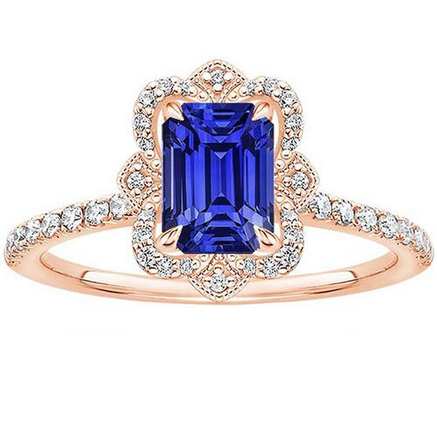 66256 4.25 CT Flower Style Emerald Blue Sapphire & Diamond Halo Ring, Size 6.5