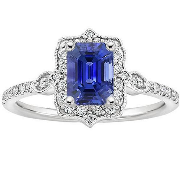 66260 4 CT Diamond Vintage Style Emerald Blue Sapphire Halo Ring, Size 6.5