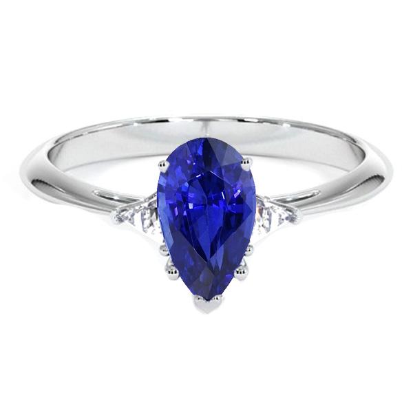 2.25 CT White Gold 3 Stone Blue Sapphire & Trillion Diamonds Ring, Size 6.5