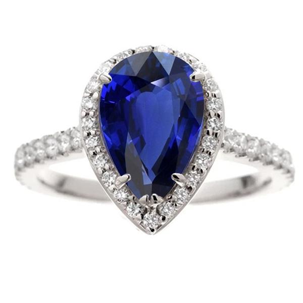 66713 4.50 CT Anniversary Pear Cut Ceylon Sapphire & Diamonds Halo Ring, Size 6.5