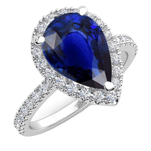 66714 5 CT Pear Halo Blue Sapphire Diamond Accents Gemstone Ring, Size 6.5