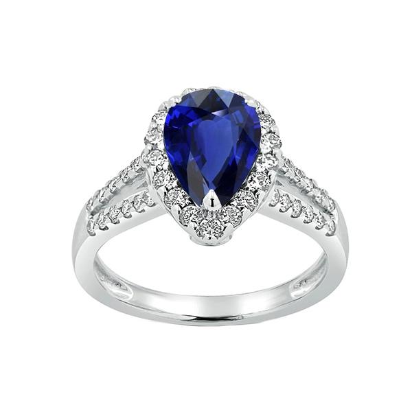 66720 3 CT Womens Split Shank Pear Ceylon Sapphire & Diamonds Halo Ring, Size 6.5