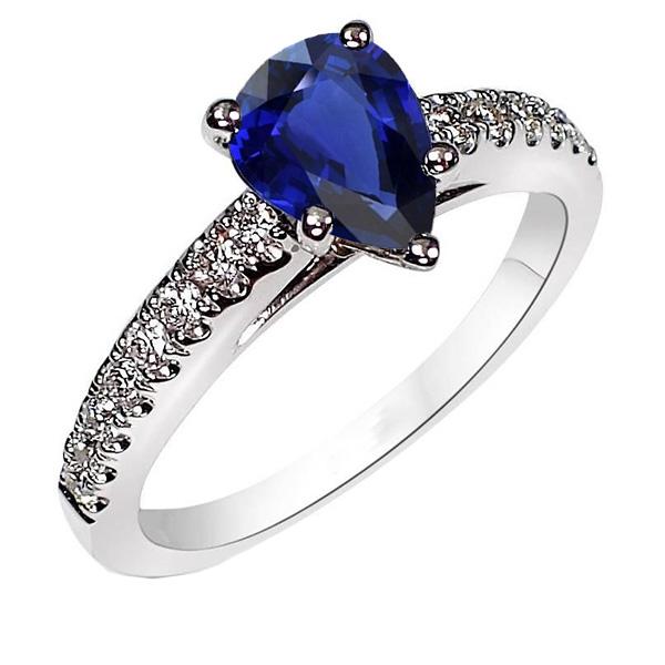 2.50 CT Solitaire with Accents Teardrop Style Blue Sapphire Ring, Size 6.5