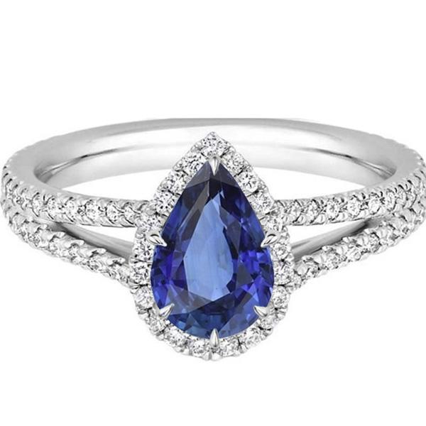 66723 4 CT Halo Pear Ceylon Sapphire & Diamonds Anniversary Ring, Size 6.5