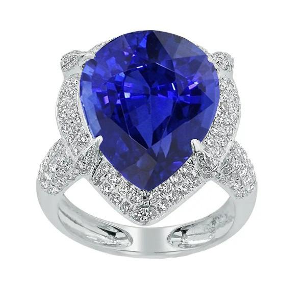 66725 5 CT Gold Halo Blue Ceylon Pear Cut & Round Diamonds Sapphire Ring, Size 6.5