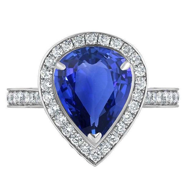 66729 4.50 CT Womens Halo Pear Blue Sapphire & Diamonds Wedding Ring, Size 6.5
