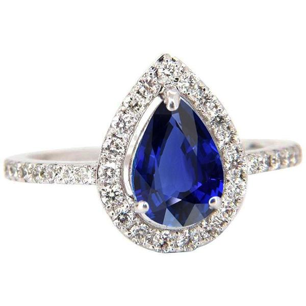 3.50 CT Halo Blue Sapphire Diamond Pear Cut Engagement Ring, Size 6.5 -  Glitter, GL2992918