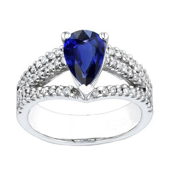 66732 3 CT Pear Solitaire Blue Sapphire with Accents Split Shank Ring, Size 6.5
