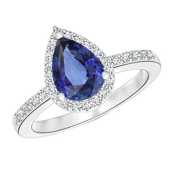 66743 3 CT White Gold Halo Blue Sapphire & Diamonds Wedding Ring, Size 6.5
