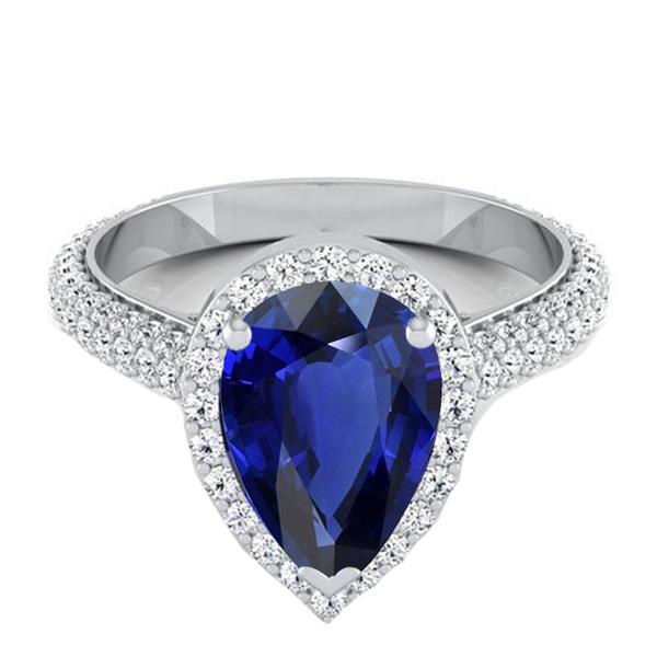 66745 4 CT Womens Halo Ceylon Sapphire & Pave Set Round Diamonds Ring, Size 6.5