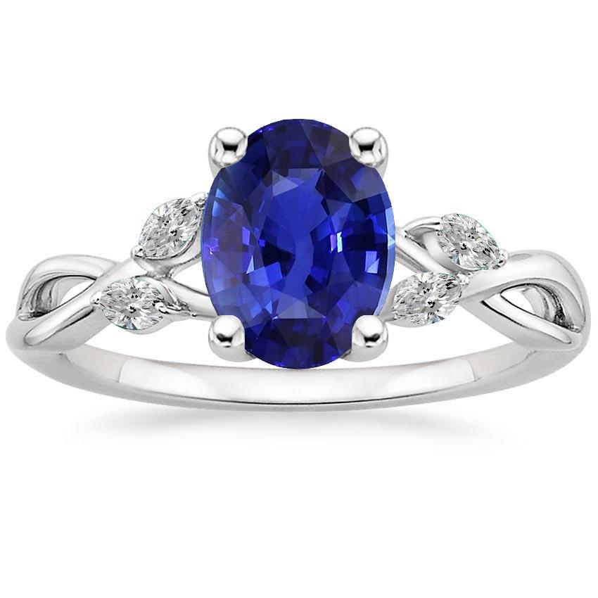 66747 Blue Sapphire Wedding Ring with 4 CT Twist Style Marquise Diamonds, Size 6.5