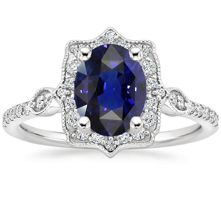 4 CT Diamond Halo Oval Ceylon Sapphire Ring, Gold - Size 6.5