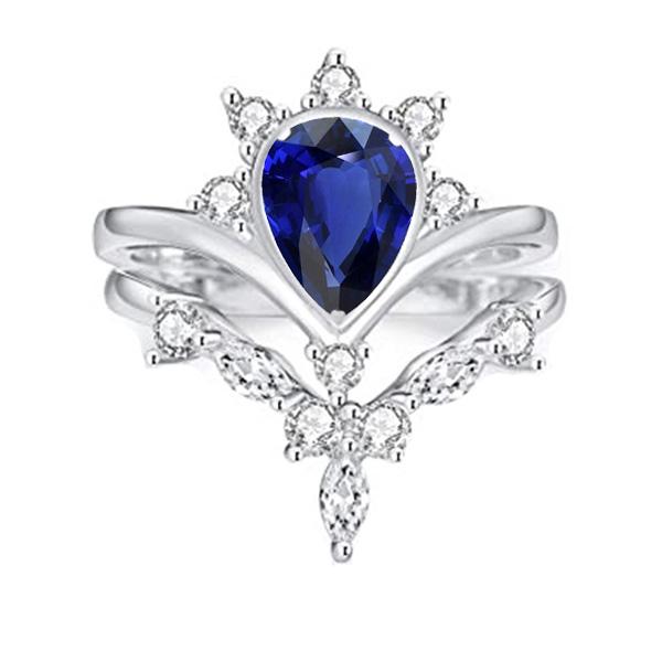 67190 Diamond Set Pear Ceylon Sapphire 3 CT Crown Style Wedding Ring, Size 6.5